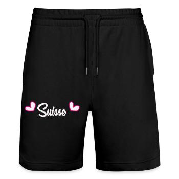 SUISSE. PAYS. GENEVE. HUMOUR. DRAPEAU - Short de jogging bio TRAINER Stanley/Stella unisexe - noir - Devant - Nik (191cm) & Marisol (170cm)