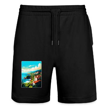 Affiche de voyage vintage de Sao Miguel Portugal Souvenir - Short de jogging bio TRAINER Stanley/Stella unisexe - noir - Devant - Nik (191cm) & Marisol (170cm)