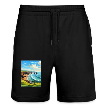 Hartland Quay Devon Vintage Travel Poster Souvenir - Stanley/Stella Trainer Unisex Organic Jogging Shorts - black - Front - Nik (191cm) & Marisol (170cm)