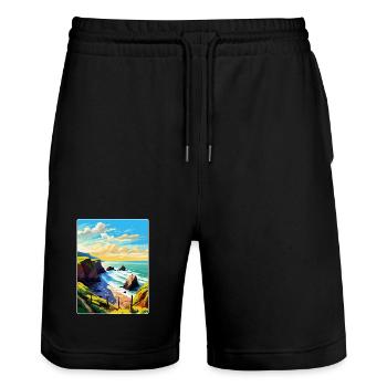 Hartland Quay Devon Vintage Travel Poster Souvenir - Stanley/Stella Trainer Unisex Organic Jogging Shorts - black - Front - Nik (191cm) & Marisol (170cm)