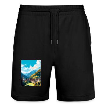 Sion Switzerland Vintage Travel Poster Souvenir - Stanley/Stella Trainer Unisex Organic Jogging Shorts - black - Front - Nik (191cm) & Marisol (170cm)