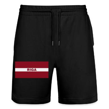 Riga Stadt in lettischer Flagge - Stanley/Stella Unisex Bio Joggingshorts Trainer  - Schwarz - Vorne - Nik (191cm) & Marisol (170cm)