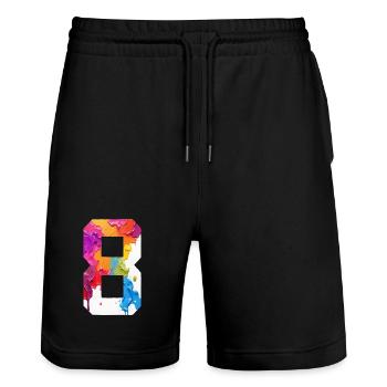 FARBIG NUMMER 8 BUNT 8. GEBURTSTAG - Stanley/Stella Unisex Bio Joggingshorts Trainer  - Schwarz - Vorne - Nik (191cm) & Marisol (170cm)