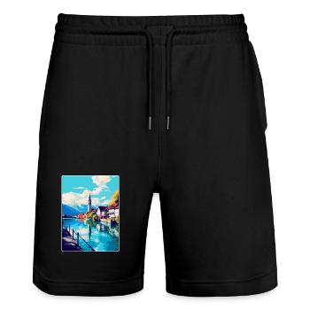 Thun Schweiz Vintage Reiseplakat Souvenir - Stanley/Stella Unisex Bio Joggingshorts Trainer  - Schwarz - Vorne - Nik (191cm) & Marisol (170cm)