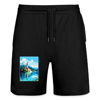 Lac de Bled, Slovénie, Affiche de voyage vintage, Souvenir - Short de jogging bio TRAINER Stanley/Stella unisexe - noir - Devant - Nik (191cm) & Marisol (170cm)