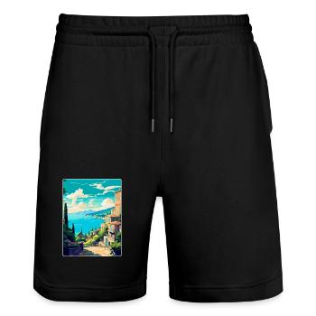 Korfu Griechenland Vintage Reiseplakat WPA Souvenir - Stanley/Stella Unisex Bio Joggingshorts Trainer  - Schwarz - Vorne - Nik (191cm) & Marisol (170cm)