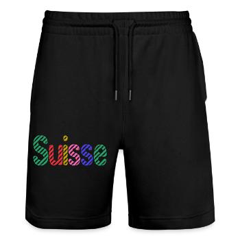 SCHWEIZ. HUMOR. LAND. FLAGGE. GENF. LAUSANNE - Stanley/Stella Unisex Bio Joggingshorts Trainer  - Schwarz - Vorne - Nik (191cm) & Marisol (170cm)