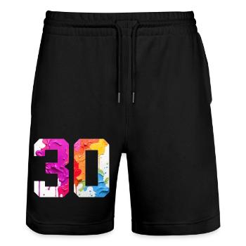 FARBIG NUMMER 30 BUNT 30. GEBURTSTAG - Stanley/Stella Unisex Bio Joggingshorts Trainer  - Schwarz - Vorne - Nik (191cm) & Marisol (170cm)
