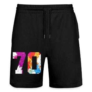 FARBIG NUMMER 70 BUNT 70. GEBURTSTAG - Stanley/Stella Unisex Bio Joggingshorts Trainer  - Schwarz - Vorne - Nik (191cm) & Marisol (170cm)