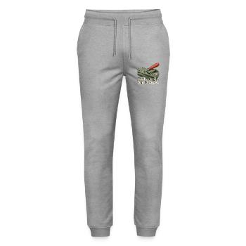 Fortschritt. Rückwärts. – Nähhumor mit Nahttrenner - Stanley/Stella Unisex Bio Jogginghose Mover  - Grau meliert - Vorne - Marisol (170cm) & Nik (191cm)