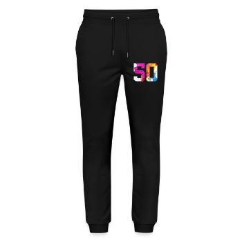 FARBIG NUMMER 50 BUNT 50. GEBURTSTAG - Stanley/Stella Unisex Bio Jogginghose Mover  - Schwarz - Vorne - Marisol (170cm) & Nik (191cm)