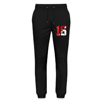 NR. 16 NUMMER 16 ROT WEIß 16. GEBURTSTAG - Stanley/Stella Unisex Bio Jogginghose Mover  - Schwarz - Vorne - Marisol (170cm) & Nik (191cm)