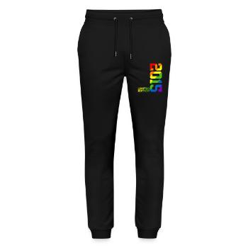 LGBTQ 2015 REGENBOGEN QUEER 10. GEBURTSTAG PRIDE - Stanley/Stella Unisex Bio Jogginghose Mover  - Schwarz - Vorne - Marisol (170cm) & Nik (191cm)