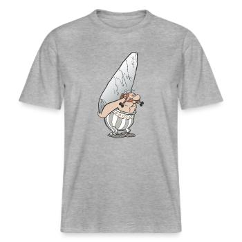 Asterix & Obelix - Obelix mit Stein -  RELAXED FIT Unisex Organic T-Shirt - Grau meliert - Vorne - Alina (178cm) & Michal (187cm)
