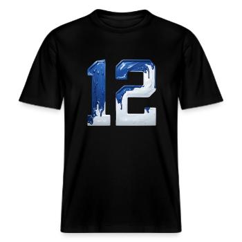 NR. 12 NUMMER 12 BLAU WEIß 12. GEBURTSTAG -  RELAXED FIT Unisex Organic T-Shirt - Schwarz - Vorne - Alina (178cm) & Michal (187cm)