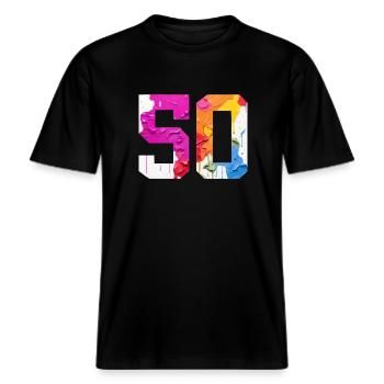 FARBIG NUMMER 50 BUNT 50. GEBURTSTAG -  RELAXED FIT Unisex Organic T-Shirt - Schwarz - Vorne - Alina (178cm) & Michal (187cm)