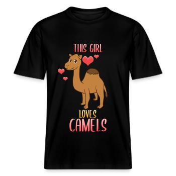 Kamelliebhaber Kamel -  RELAXED FIT Unisex Organic T-Shirt - Schwarz - Vorne - Alina (178cm) & Michal (187cm)