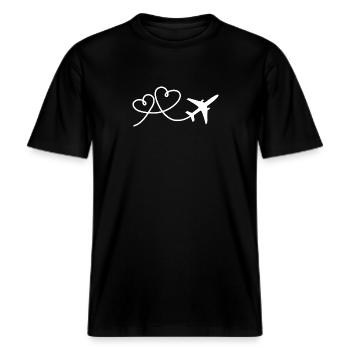 Flugzeug Flieger mit Herz weiß -  RELAXED FIT Unisex Organic T-Shirt - Schwarz - Vorne - Alina (178cm) & Michal (187cm)