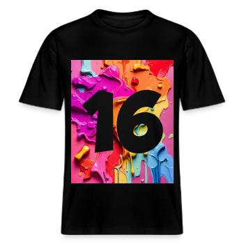 NR. 16 NUMMER 16 BUNT 16. GEBURTSTAG -  RELAXED FIT Unisex Organic T-Shirt - Schwarz - Vorne - Alina (178cm) & Michal (187cm)