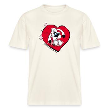 Asterix & Obelix - Idefix Mit Herz -  RELAXED FIT Unisex Organic T-Shirt - Naturweiß  - Vorne - Alina (178cm) & Michal (187cm)