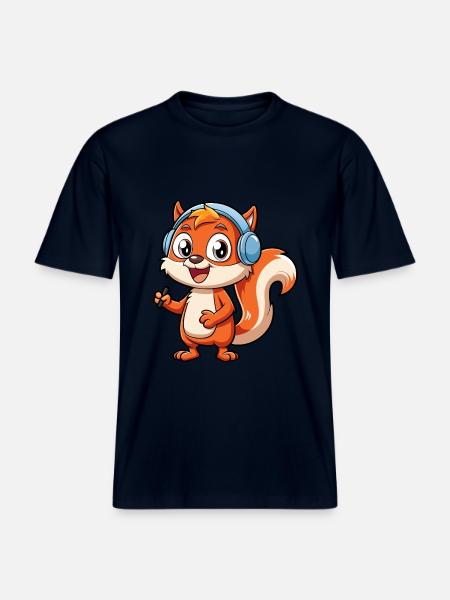 Ekorre Rolig Tecknad Figur Hörlurar Musik -  Unisex ekologisk T-shirt med avslappnad passform - marinblå
