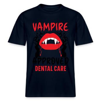 Vampir-Zahnpflege. -  RELAXED FIT Unisex Organic T-Shirt - Navy - Vorne - Alina (178cm) & Michal (187cm)