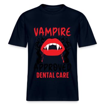 Vampir-Zahnpflege. -  RELAXED FIT Unisex Organic T-Shirt - Navy - Vorne - Alina (178cm) & Michal (187cm)