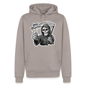 Bleib Positiv Grim Reaper Skelett Humor - Männer Premium Bio Hoodie - Taupe - Vorne - Nico (187cm)