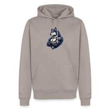 Wolf Comic Muskeln - Männer Premium Bio Hoodie - Taupe - Vorne - Nico (187cm)