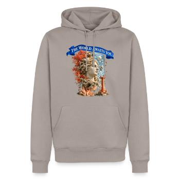 The World Awaits You – Surreale Weltreise - Männer Premium Bio Hoodie - Taupe - Vorne - Nico (187cm)