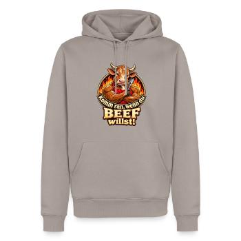 Komm ran, wenn du Beef willst! – Grillhumor - Männer Premium Bio Hoodie - Taupe - Vorne - Nico (187cm)