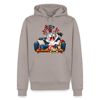 Kein WLAN – Gamer im Panikmodus! - Männer Premium Bio Hoodie - Taupe - Vorne - Nico (187cm)