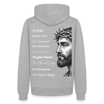 Jesus Porträt mit Dornenkrone und Titeln - Männer Premium Bio Hoodie - Grau meliert - Hinten - Thijin (182cm)