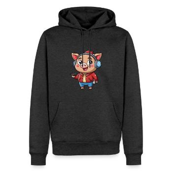 Cochon Drôle Dessin Animé Personnage Casque Musique - Sweat à capuche Premium bio Homme - anthracite chiné - Devant - Thijin (182cm)