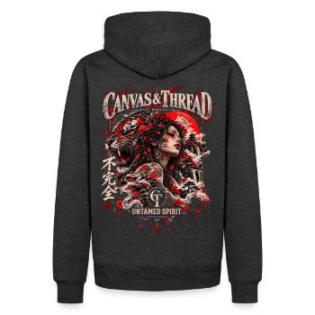 Ungezähigte Seele: Tiger-Göttin - Männer Premium Bio Hoodie - Anthrazit meliert - Hinten - Thijin (182cm)
