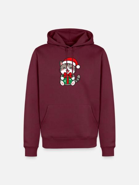 Kawaii-Katze mit Weihnachtsgeschenk - Männer Premium Bio Hoodie - Burgunderrot