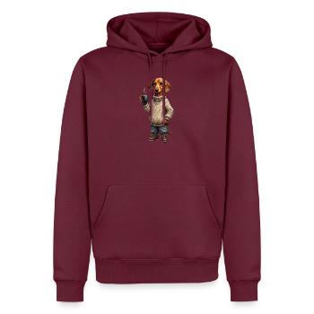 Müder Dackel mit Kaffeebecher – Gravur ohne Text - Männer Premium Bio Hoodie - Burgunderrot - Vorne - Nico (187cm)