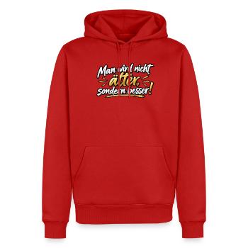 Älter, aber besser – Motivationsdesign - Männer Premium Bio Hoodie - Rot - Vorne - Nico (187cm)