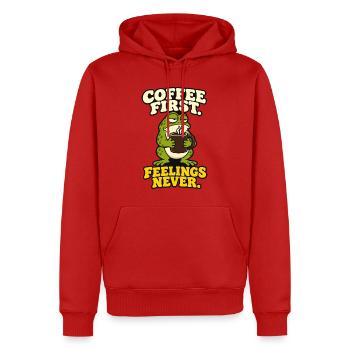 Kaffee zuerst Gefühle nie lustig Grummeliger Frosch - Männer Premium Bio Hoodie - Rot - Vorne - Nico (187cm)