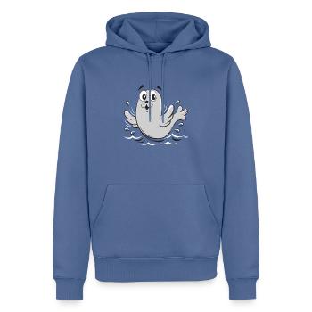 FUN BABY SEAL, SAIMAANNRPAPA TEXTILES (10-43) - Männer Premium Bio Hoodie - Taubenblau - Vorne - Nico (187cm)