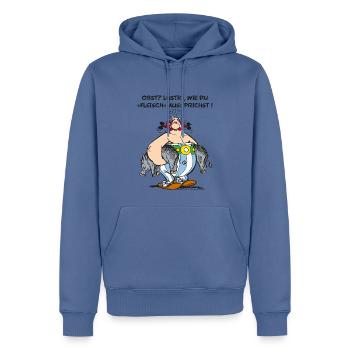 Obelix: Obst? Lustig wie du "Fleisch" aussprichst! - Männer Premium Bio Hoodie - Taubenblau - Vorne - Nico (187cm)