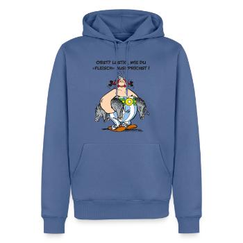 Obelix: Obst? Lustig wie du "Fleisch" aussprichst! - Männer Premium Bio Hoodie - Taubenblau - Vorne - Nico (187cm)