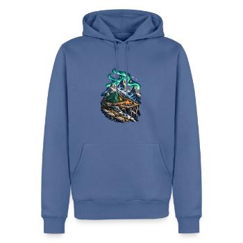 Hochgebirgslager unter einem Polarlichtbogen - Männer Premium Bio Hoodie - Taubenblau - Vorne - Nico (187cm)