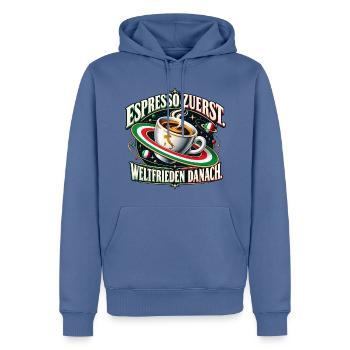 Espresso zuerst. Weltfrieden danach. - Männer Premium Bio Hoodie - Taubenblau - Vorne - Nico (187cm)