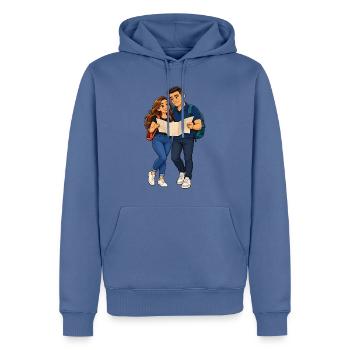 Abenteuerliches Duo mit Karte und Rucksack - Männer Premium Bio Hoodie - Taubenblau - Vorne - Nico (187cm)