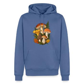 Waldpilze Shirt mit botanischer Pilzillustration  - Männer Premium Bio Hoodie - Taubenblau - Vorne - Nico (187cm)
