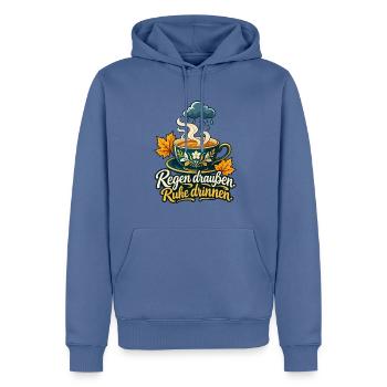 Tee Shirt für Regentage mit Spruch Regen draußen  - Männer Premium Bio Hoodie - Taubenblau - Vorne - Nico (187cm)