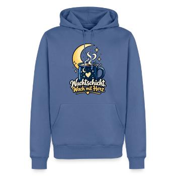 Nachtschicht Shirt mit Mond - Spruch Nachtschicht - Männer Premium Bio Hoodie - Taubenblau - Vorne - Nico (187cm)