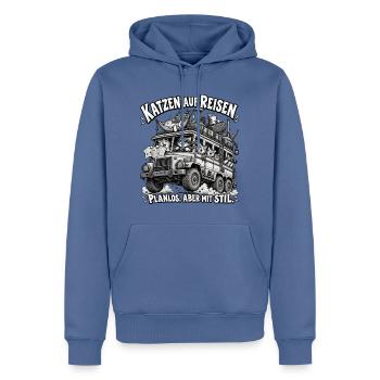 Katzen auf Reisen – Planlos, aber Stil - Männer Premium Bio Hoodie - Taubenblau - Vorne - Nico (187cm)