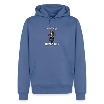 Helm auf, Alltag aus – Motorrad-Waschbär - Männer Premium Bio Hoodie - Taubenblau - Vorne - Nico (187cm)